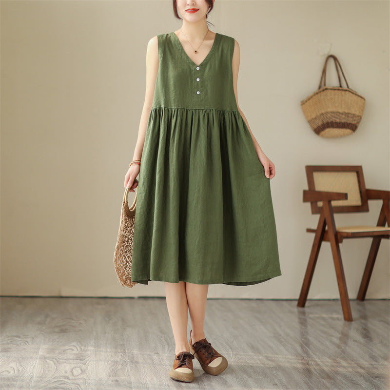Women’s Cotton-Linen Sleeveless Dress – Loose Fit, V-Neck