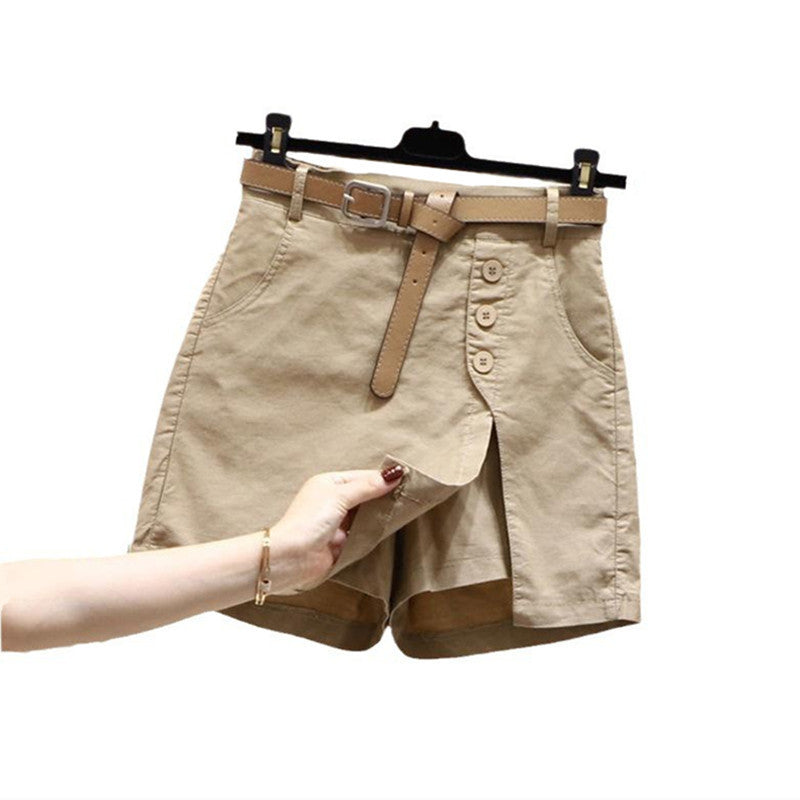 Women's Cotton Shorts – High Waist, Belted, Buttoned Front