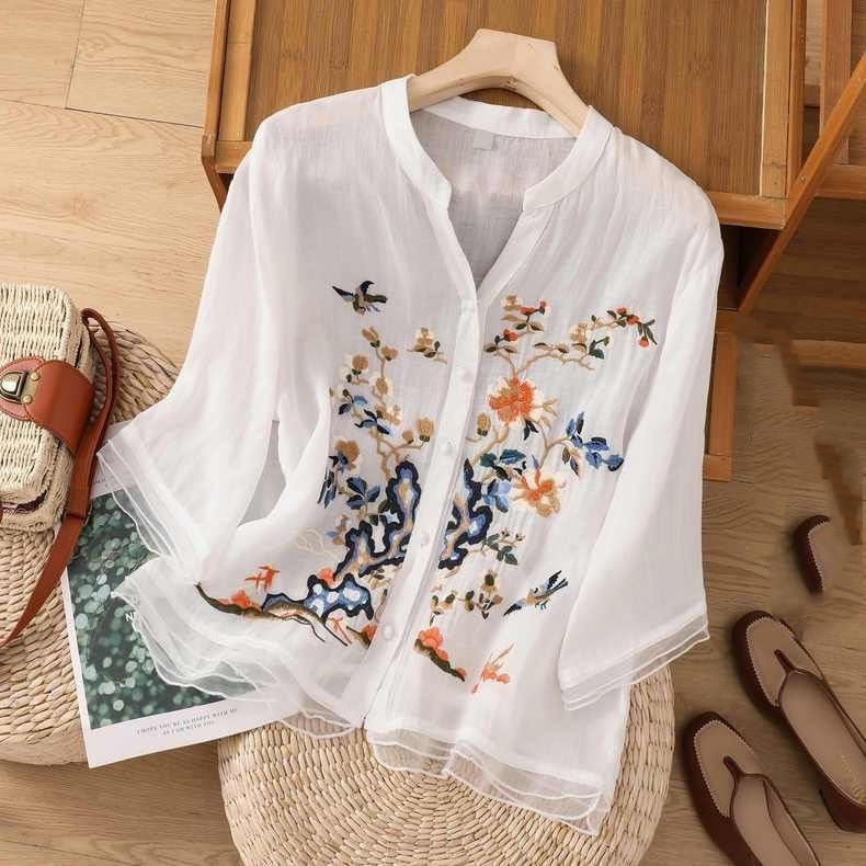 Women’s Cotton and Linen Blouse – Artistic Style, Short Sleeve