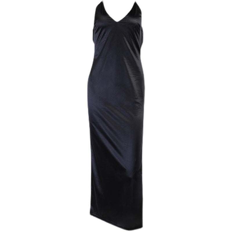 Satin Maxi Dress – Black Sexy Backless Split Off Shoulder V Neck for Women