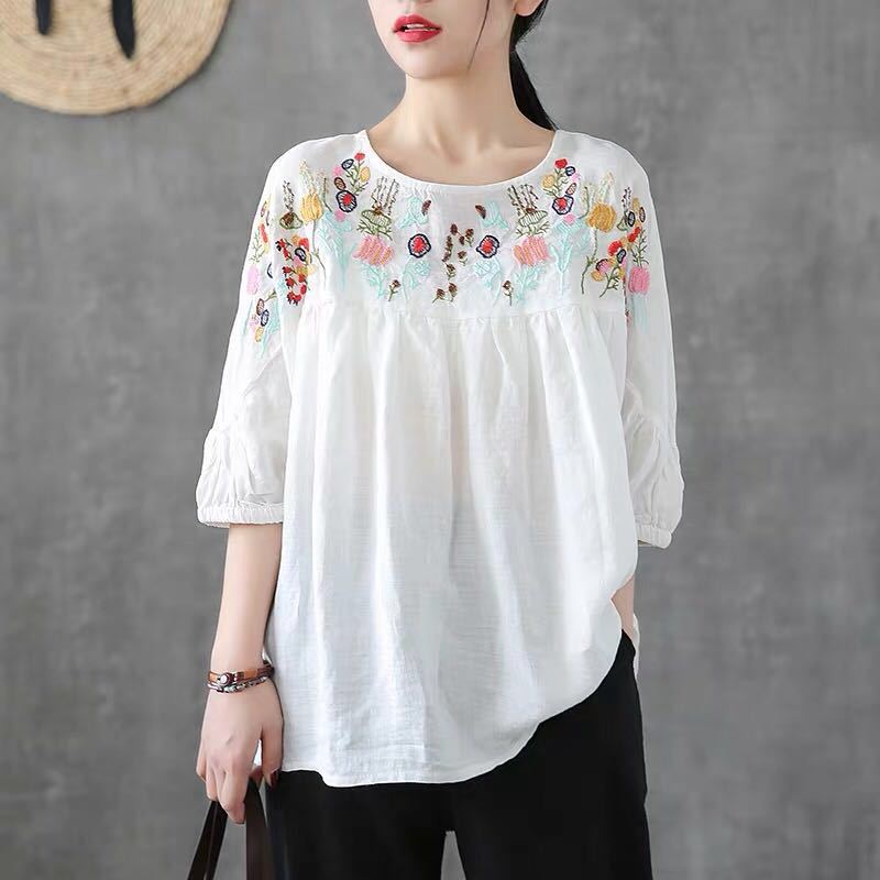 Floral Embroidery Cotton blouse for Women – Casual Loose Fit