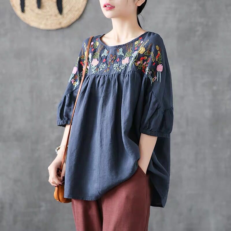 Floral Embroidery Cotton blouse for Women – Casual Loose Fit