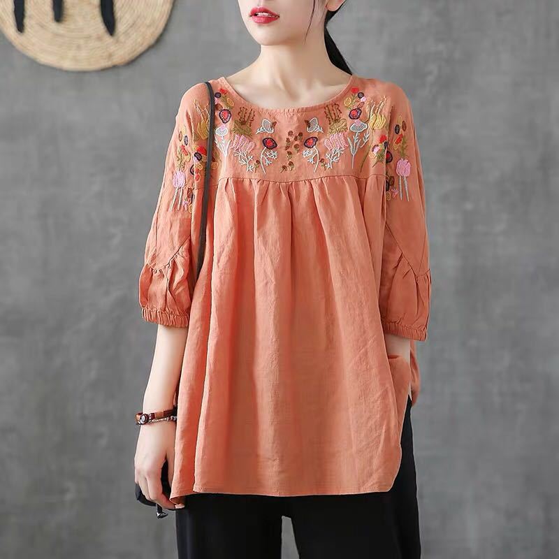 Floral Embroidery Cotton blouse for Women – Casual Loose Fit