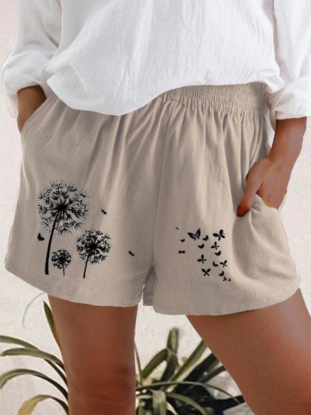 Casual Cotton-Linen Shorts for Women – High Waist, Floral Print