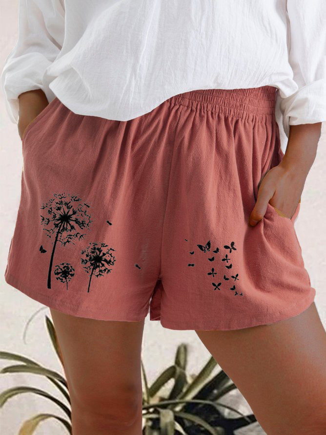 Casual Cotton-Linen Shorts for Women – High Waist, Floral Print