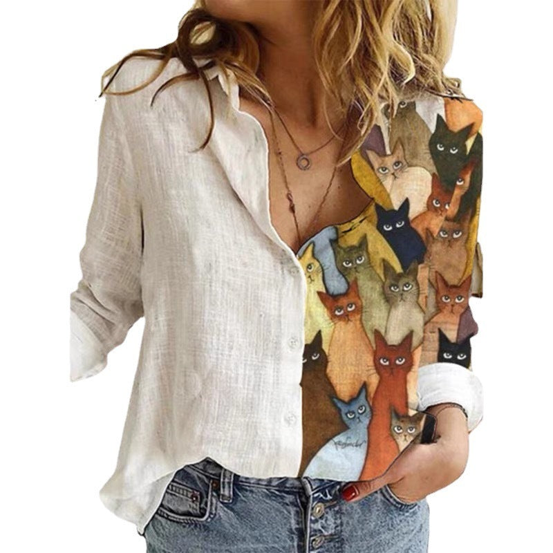 Women’s Cartoon Print Button Blouse – Long Sleeve, Lapel Collar