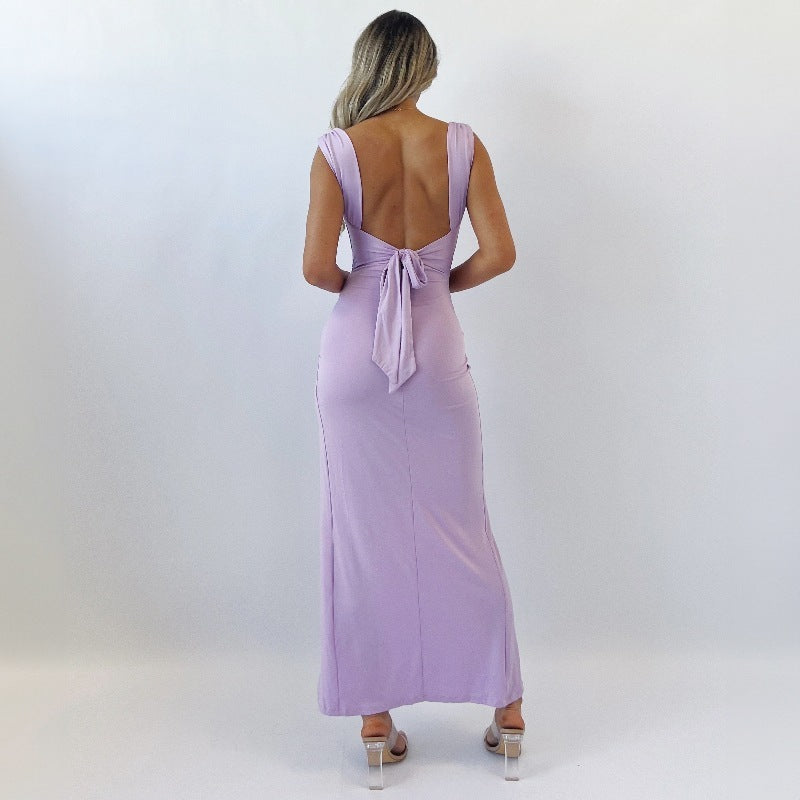 Slim Sleeveless Slit Dress with Back Tie Design for Women