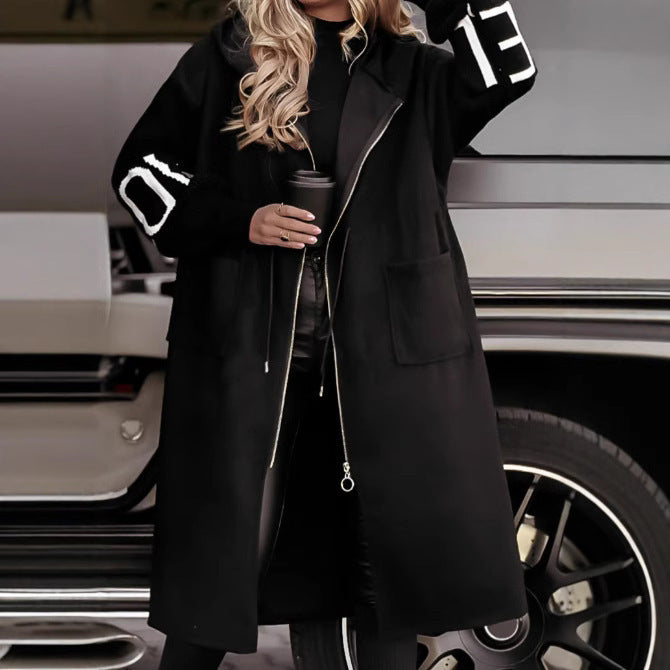 Women’s Long Hooded Jacket with Drawstring and Knit Sleeves – Casual Fall Autumn/ Winter Coat