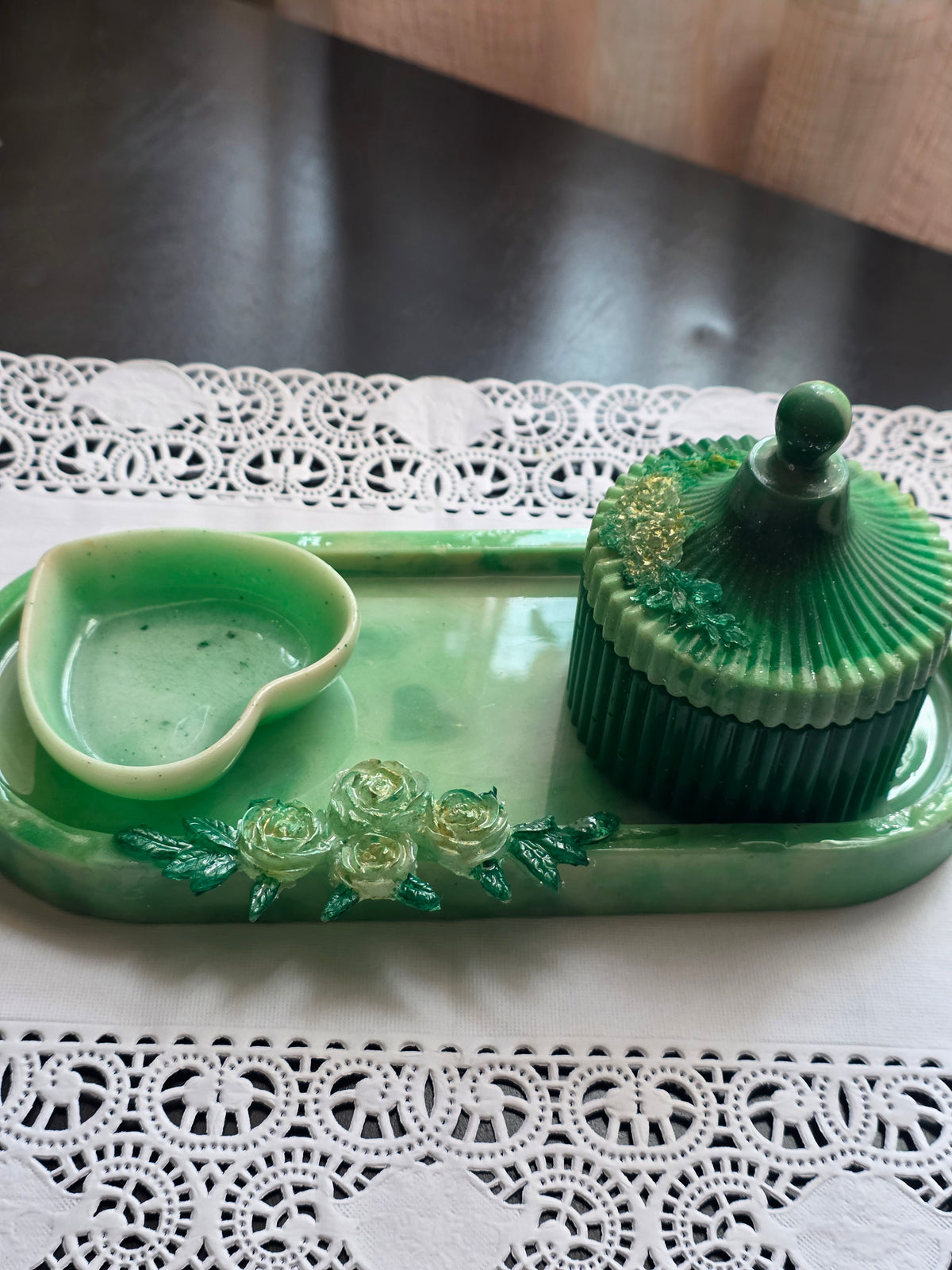 Green Jewellery Organiser Set – Resin Tray, Heart Dish & Lidded Box