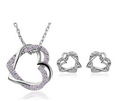 Elegant Double Heart Diamond Jewelry Set – Personalized Necklace & Earrings