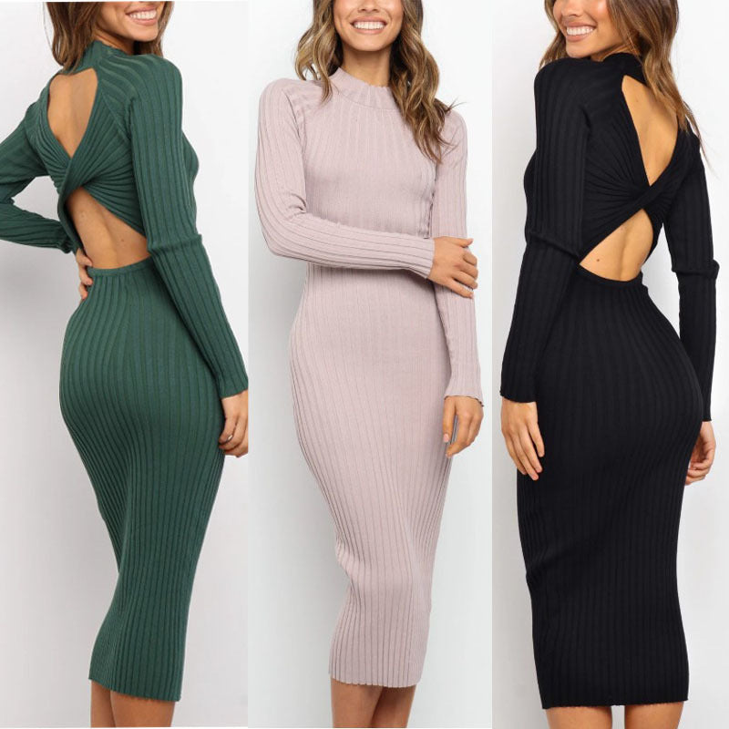 Solid Color Backless Bow Sweater Dress – Tight Fit for Women