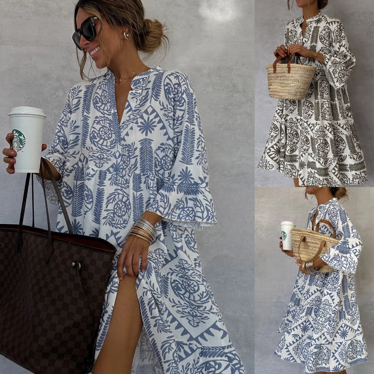 Autumn Casual Print Loose Dress – V-neck Flare Sleeve Ruffle for Women