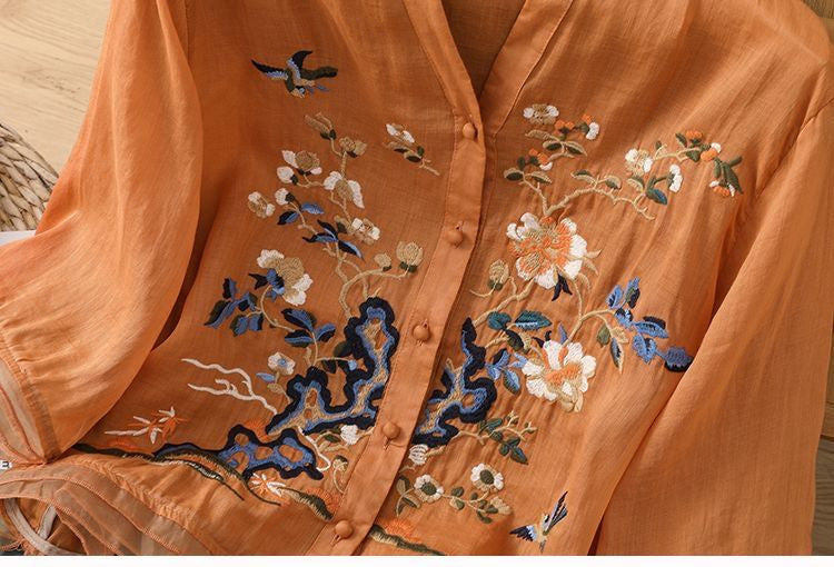 Women’s Cotton and Linen Blouse – Artistic Style, Short Sleeve