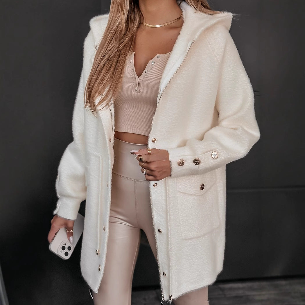Women’s Hooded Jacket with Drawstring Belt and Zip Closure – Fall Winter Coat