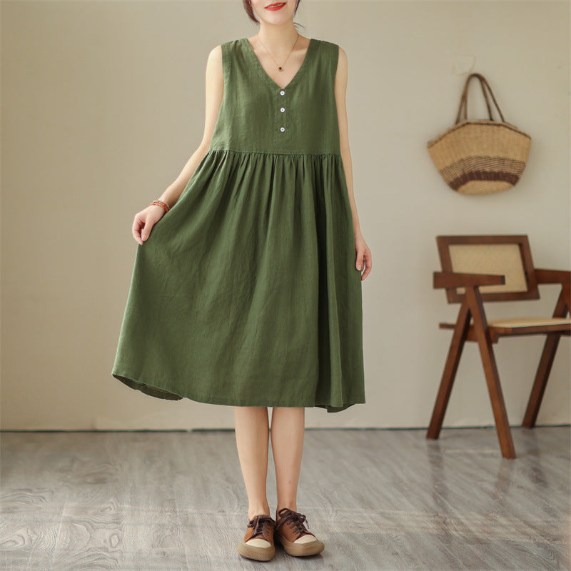 Women’s Cotton-Linen Sleeveless Dress – Loose Fit, V-Neck