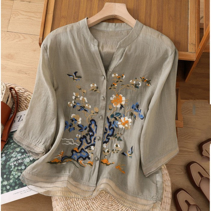 Women’s Cotton and Linen Blouse – Artistic Style, Short Sleeve