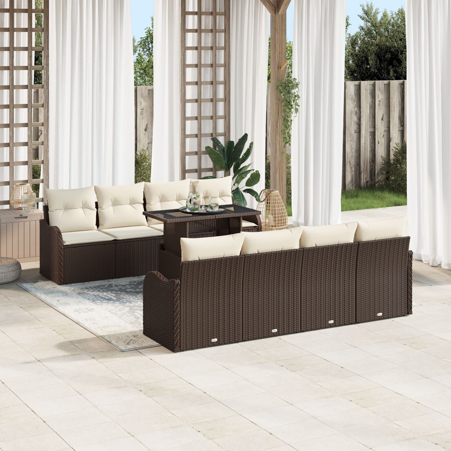9 Piece Garden Sofa Set with Cushions Brown Poly Rattan, vidaXL 2-Seater Garden Sofa with Cushions Brown Poly Rattan