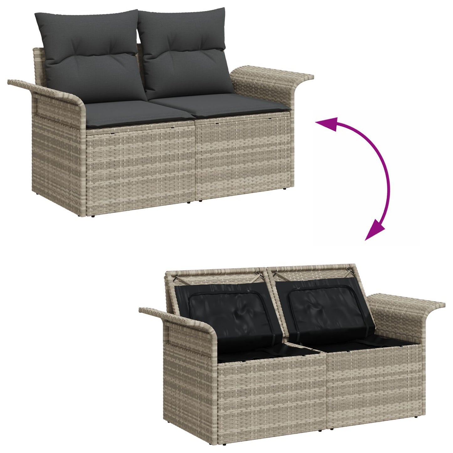 7 Piece Garden Sofa Set with Cushions Light Grey Poly Rattan, vidaXL 2-Seater Garden Sofa with Storage & Cushions Light Grey Poly Rattan