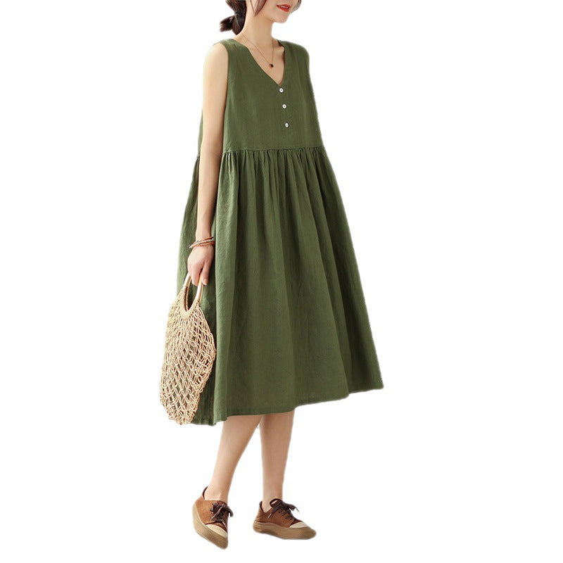 Women’s Cotton-Linen Sleeveless Dress – Loose Fit, V-Neck