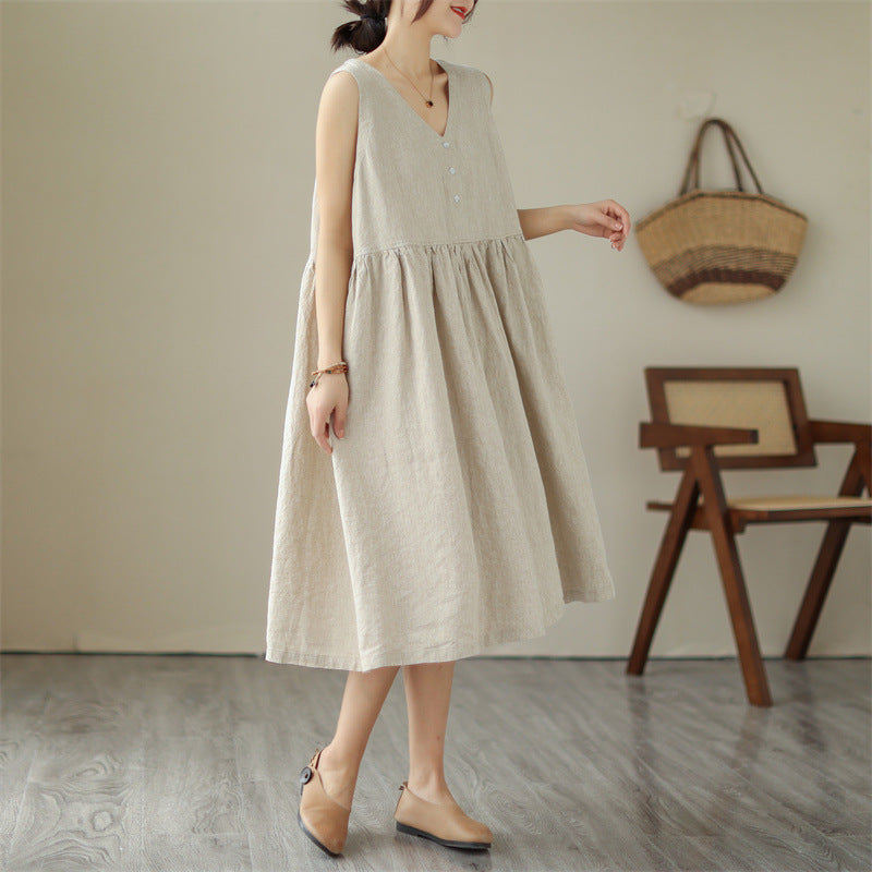 Women’s Cotton-Linen Sleeveless Dress – Loose Fit, V-Neck