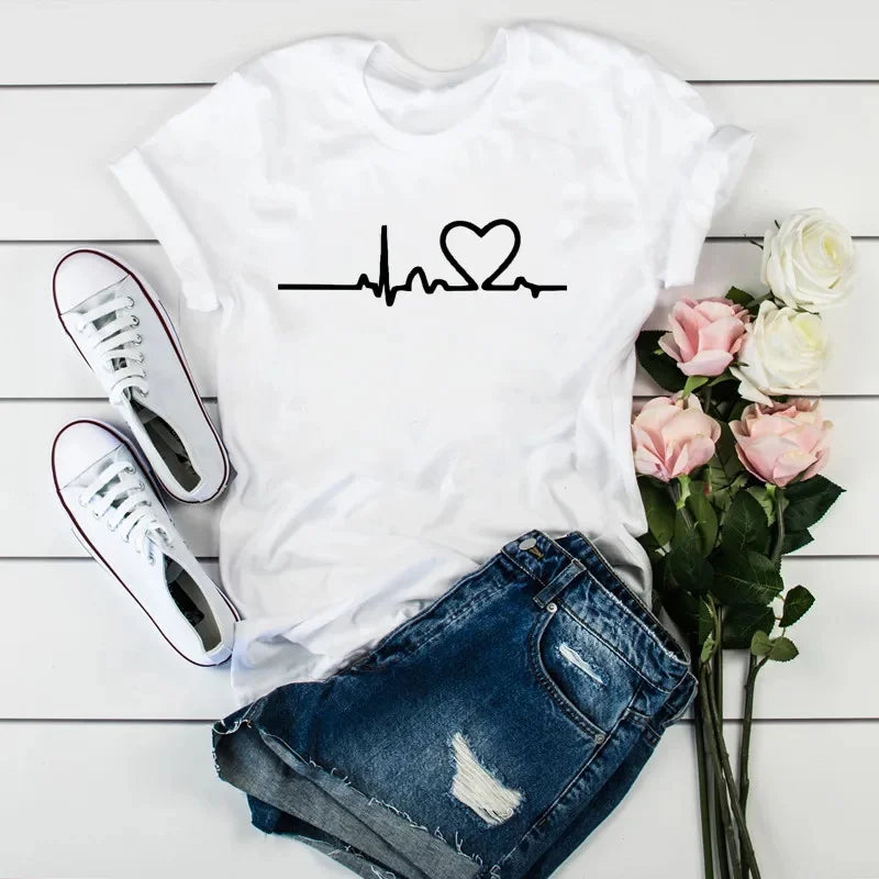 Plus Size Women’s T-Shirt – Leopard Heartbeat Print, White, Short Sleeve