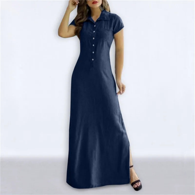 Long Denim Shirt Dress for Women with Pockets and Swing Hem