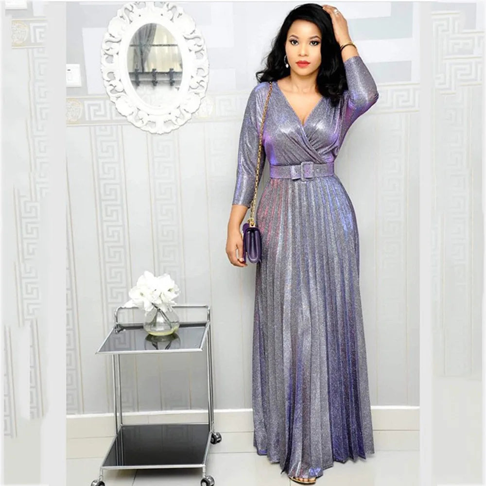 Women's Long Sleeve Pleated Dress – V-Neck, High Waist, With Belt