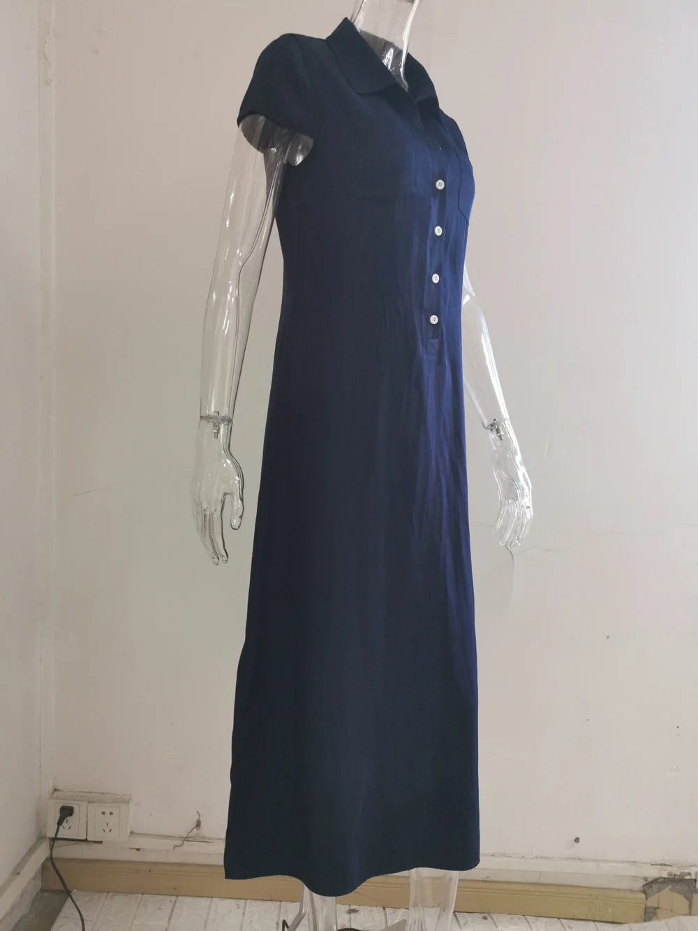 Long Denim Shirt Dress for Women with Pockets and Swing Hem