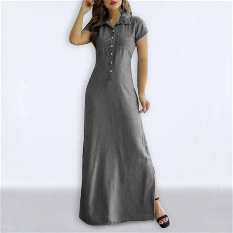 Long Denim Shirt Dress for Women with Pockets and Swing Hem