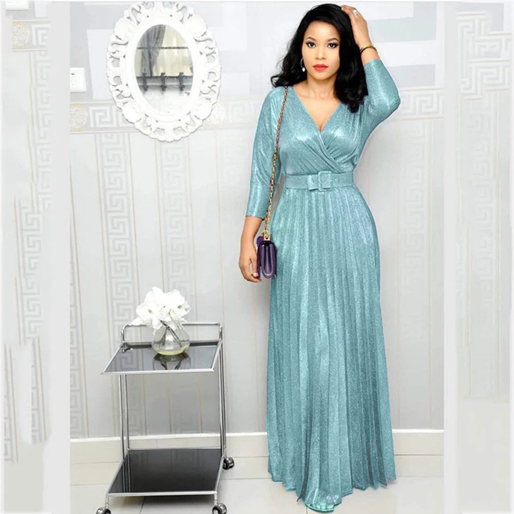 Women's Long Sleeve Pleated Dress – V-Neck, High Waist, With Belt