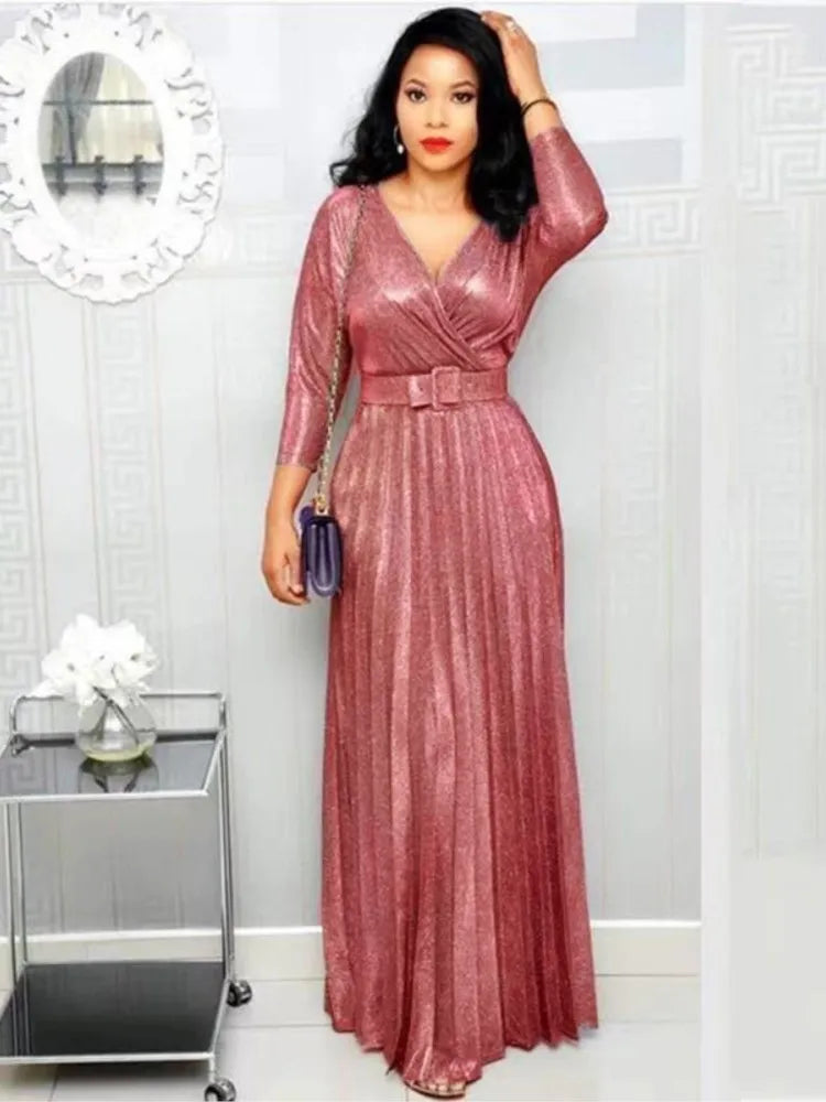 Women's Long Sleeve Pleated Dress – V-Neck, High Waist, With Belt
