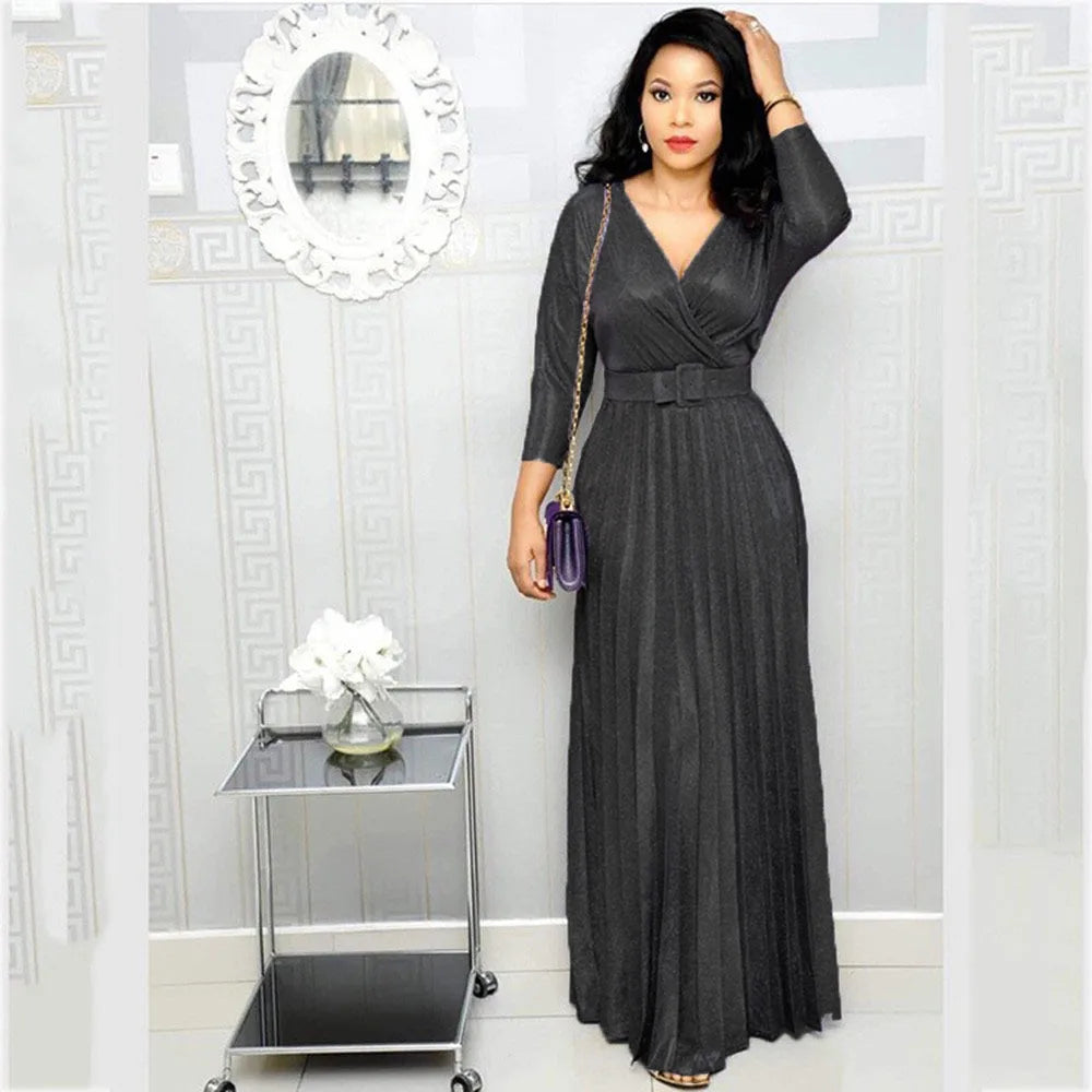 Women's Long Sleeve Pleated Dress – V-Neck, High Waist, With Belt