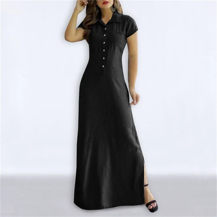 Long Denim Shirt Dress for Women with Pockets and Swing Hem