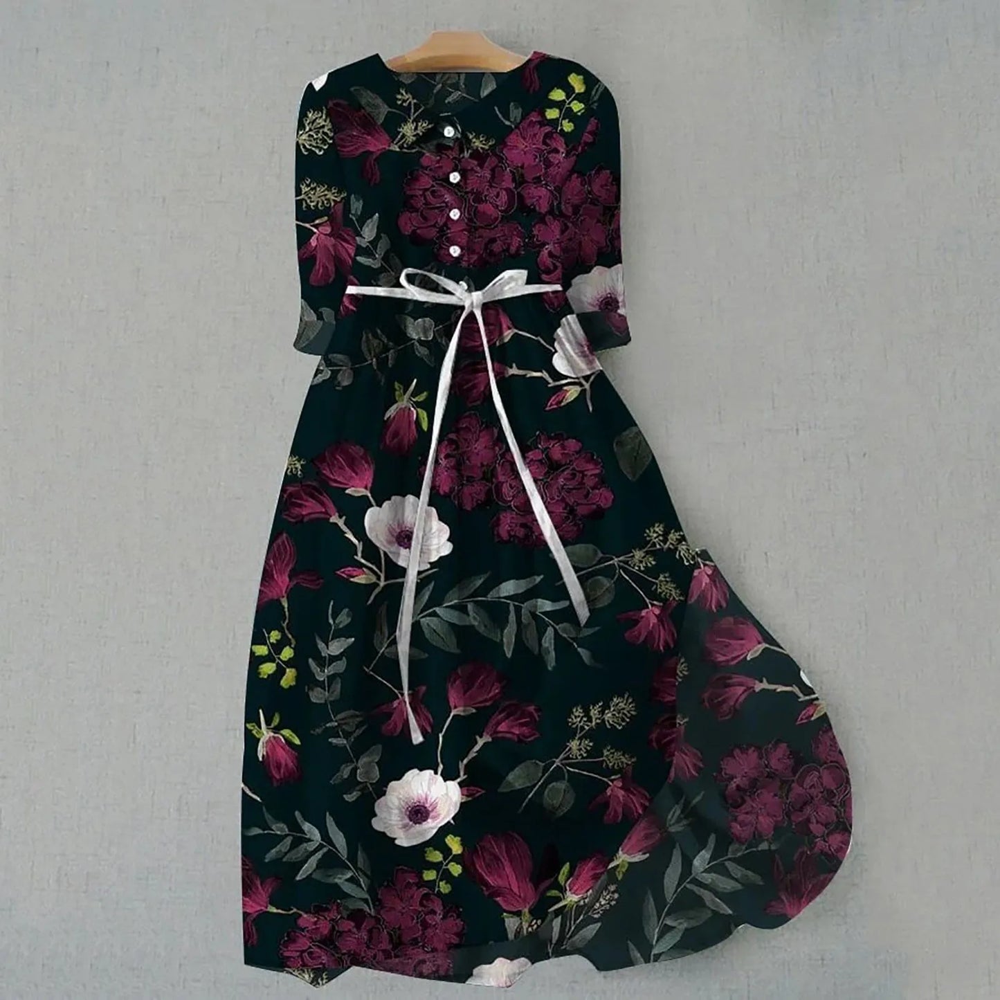 Elegant Midi Dress for Women – Long Sleeve Floral Dress for Spring, Autumn & Winter