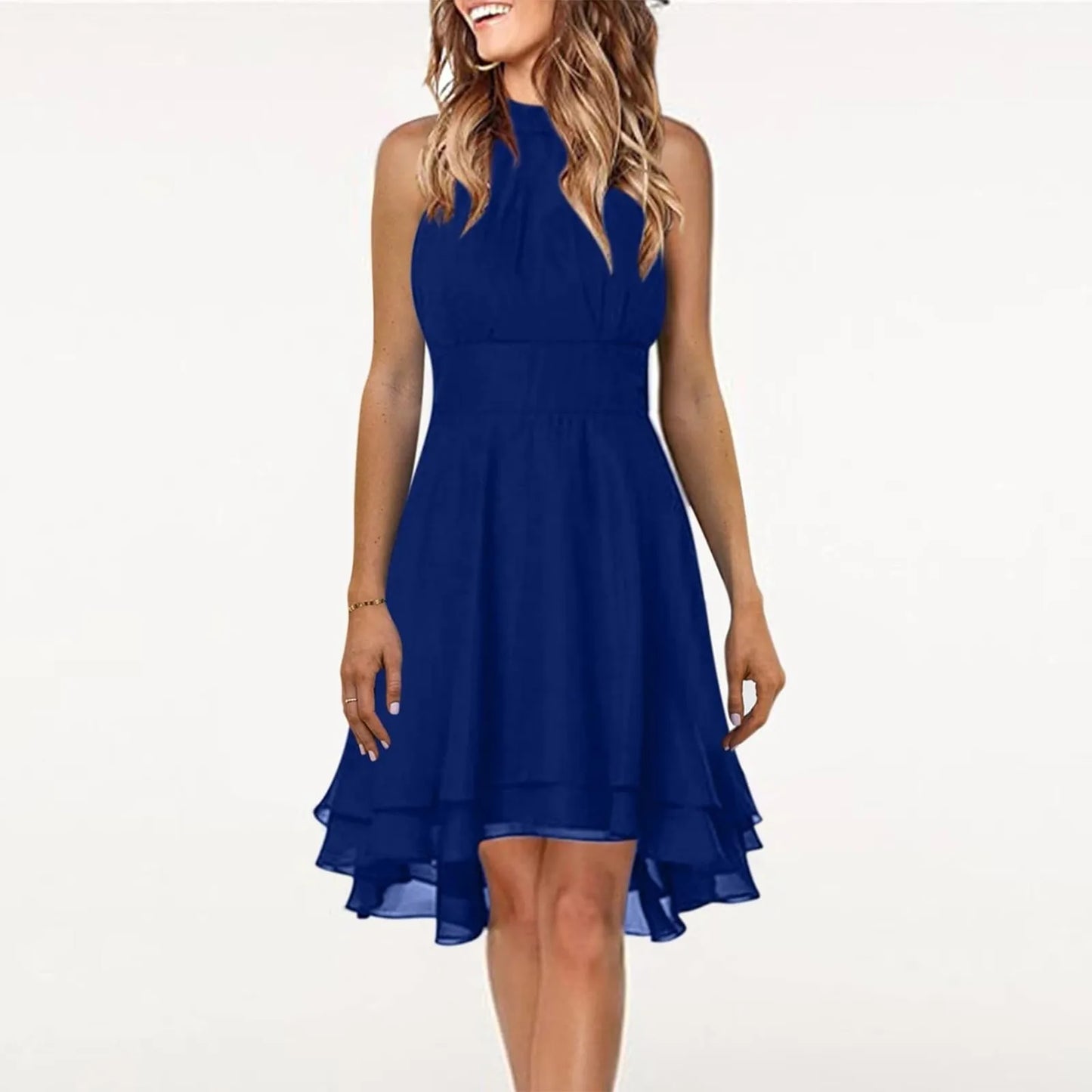 Women’s Chiffon Halter Dress – High Waist, Layered Sleeveless Design