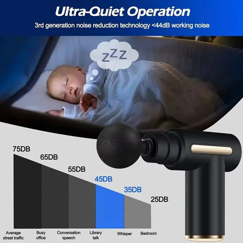 Mini<Portable muscle massage gun with deep tissue effect.