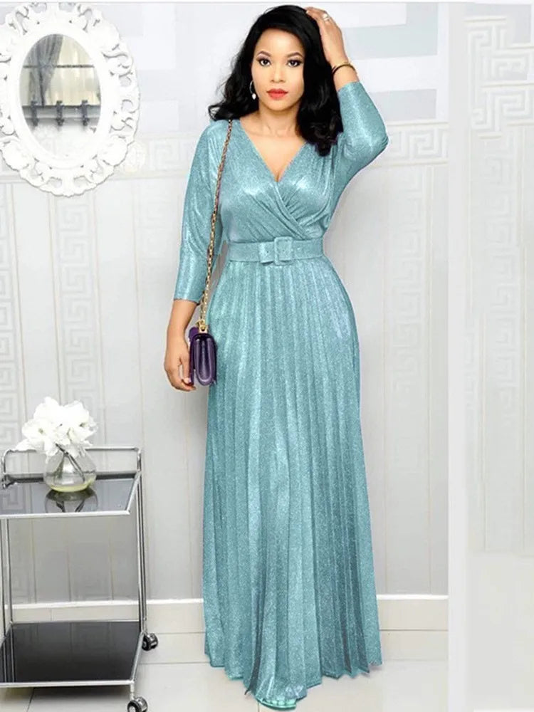 Women's Long Sleeve Pleated Dress – V-Neck, High Waist, With Belt