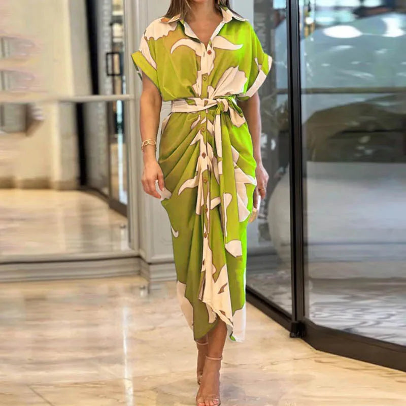 Elegant Floral Maxi Dress – Women’s Short Sleeve, High Waist Design