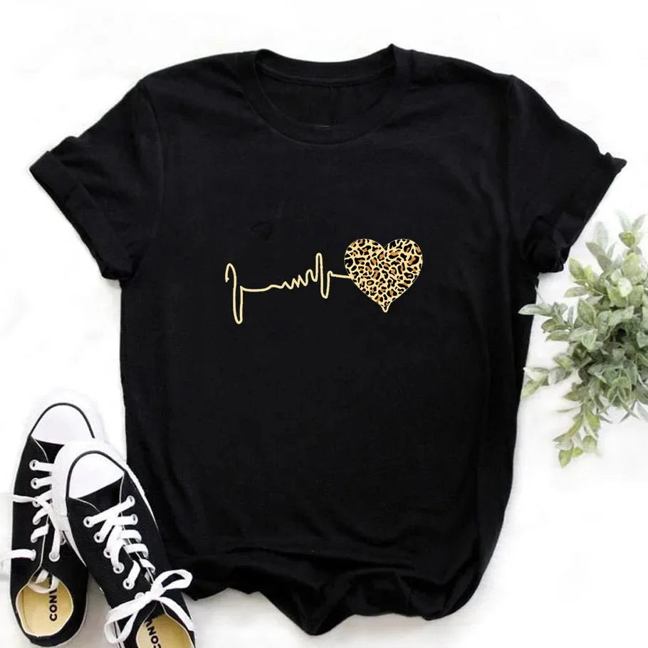 Plus Size Women’s T-Shirt – Leopard Heartbeat Print, White, Short Sleeve