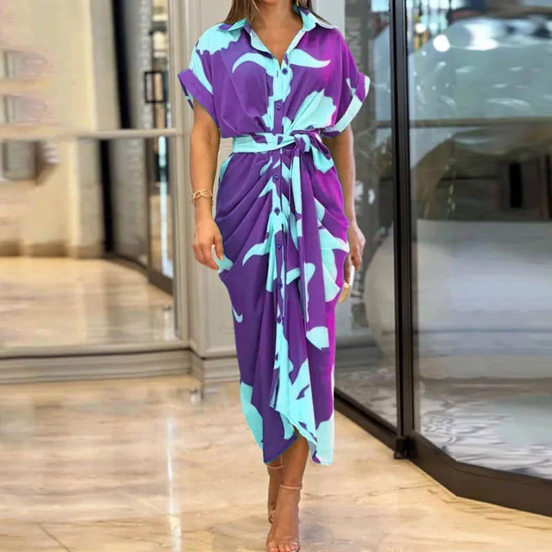 Elegant Floral Maxi Dress – Women’s Short Sleeve, High Waist Design