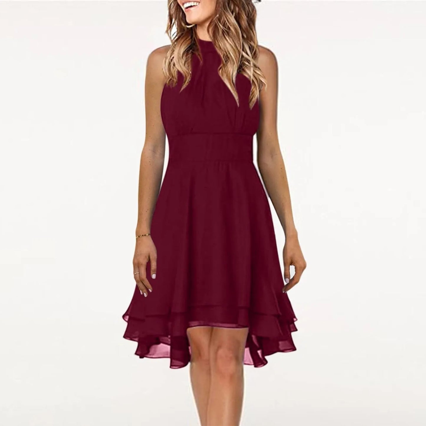 Women’s Chiffon Halter Dress – High Waist, Layered Sleeveless Design