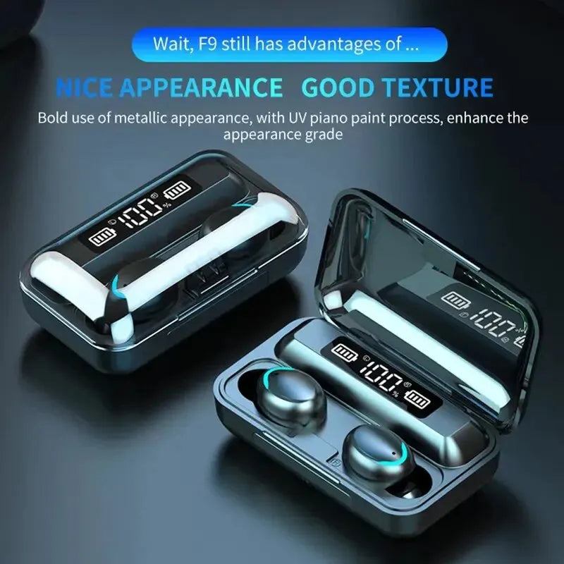 F9 Wireless Bluetooth Earbuds with Charging Case – Waterproof, LED Display