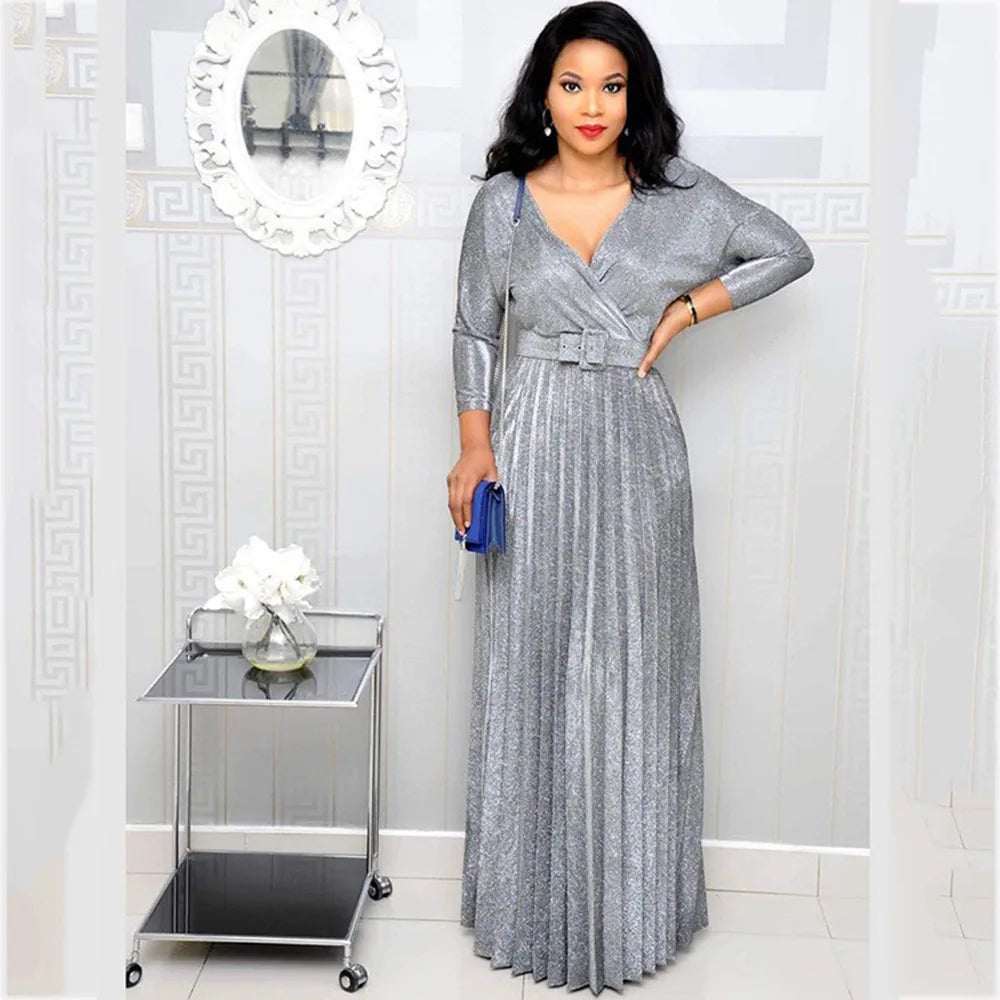 Women's Long Sleeve Pleated Dress – V-Neck, High Waist, With Belt
