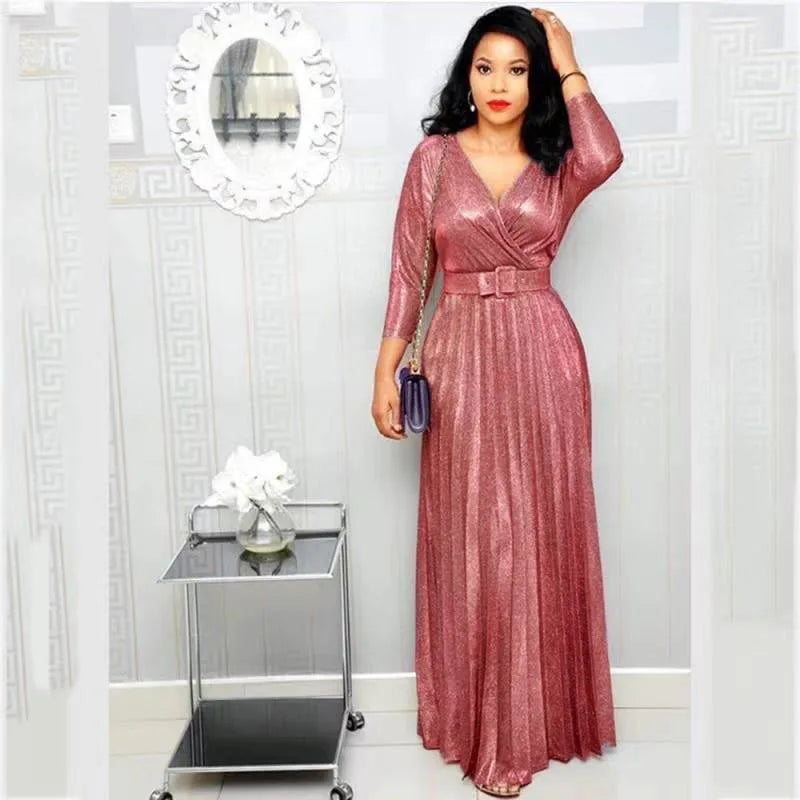 Women's Long Sleeve Pleated Dress – V-Neck, High Waist, With Belt