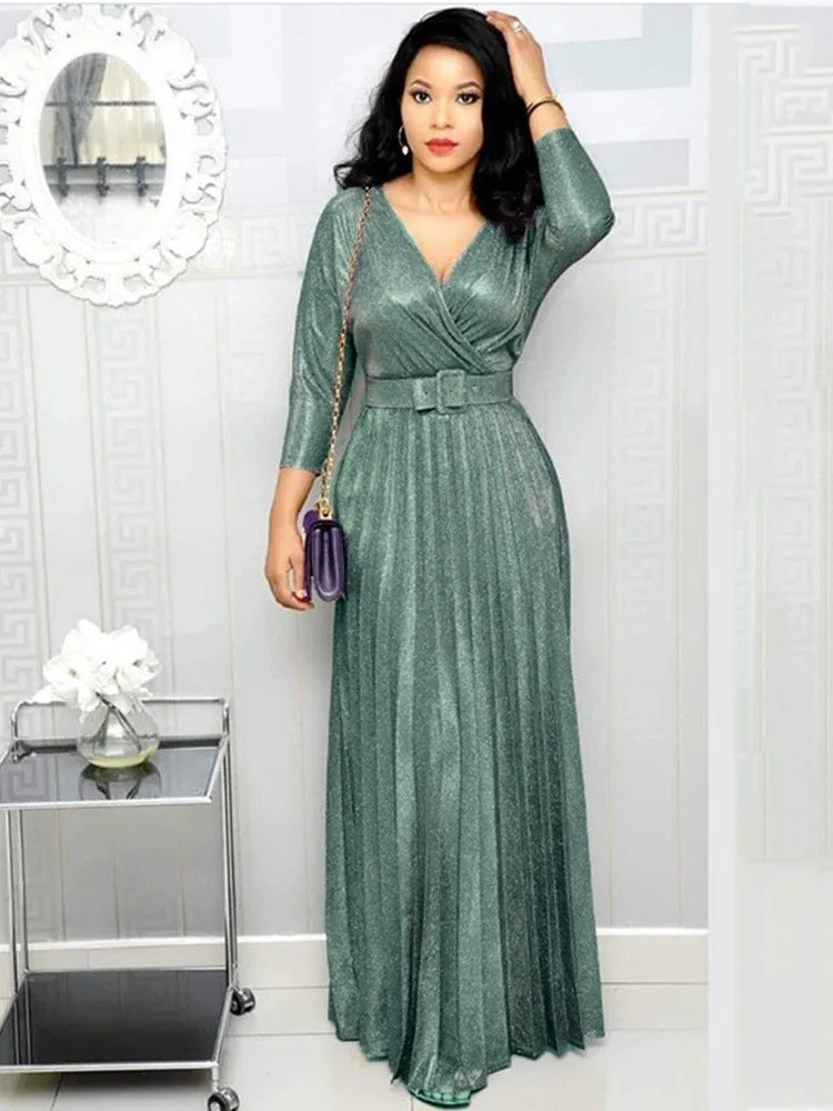 Women's Long Sleeve Pleated Dress – V-Neck, High Waist, With Belt