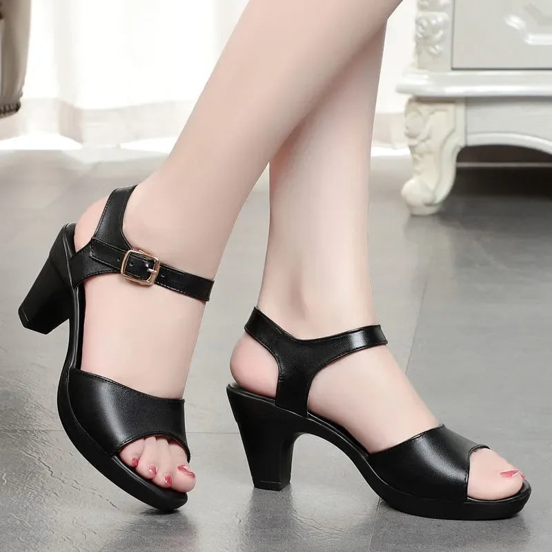 Women’s Patent Leather Peep Toe Heels – Classic Black Work Shoes