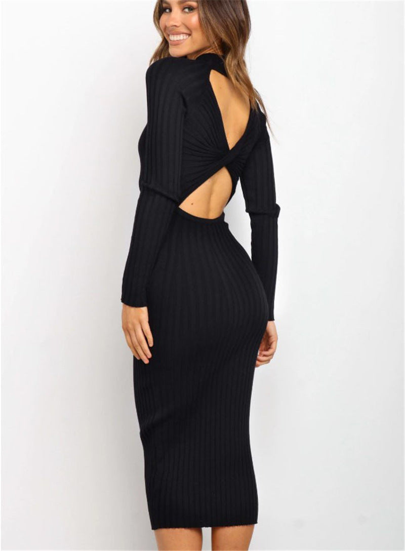 Solid Color Backless Bow Sweater Dress – Tight Fit for Women