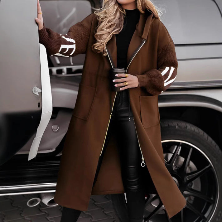 Women’s Long Hooded Jacket with Drawstring and Knit Sleeves – Casual Fall Autumn/ Winter Coat