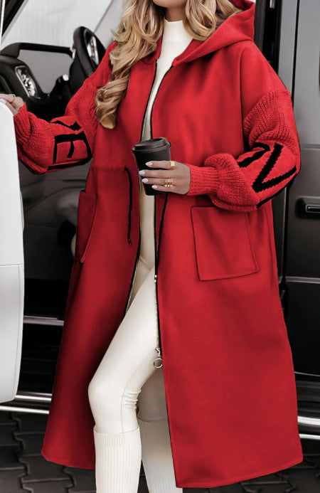Women’s Long Hooded Jacket with Drawstring and Knit Sleeves – Casual Fall Autumn/ Winter Coat