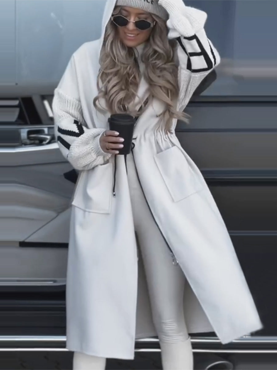 Women’s Long Hooded Jacket with Drawstring and Knit Sleeves – Casual Fall Autumn/ Winter Coat